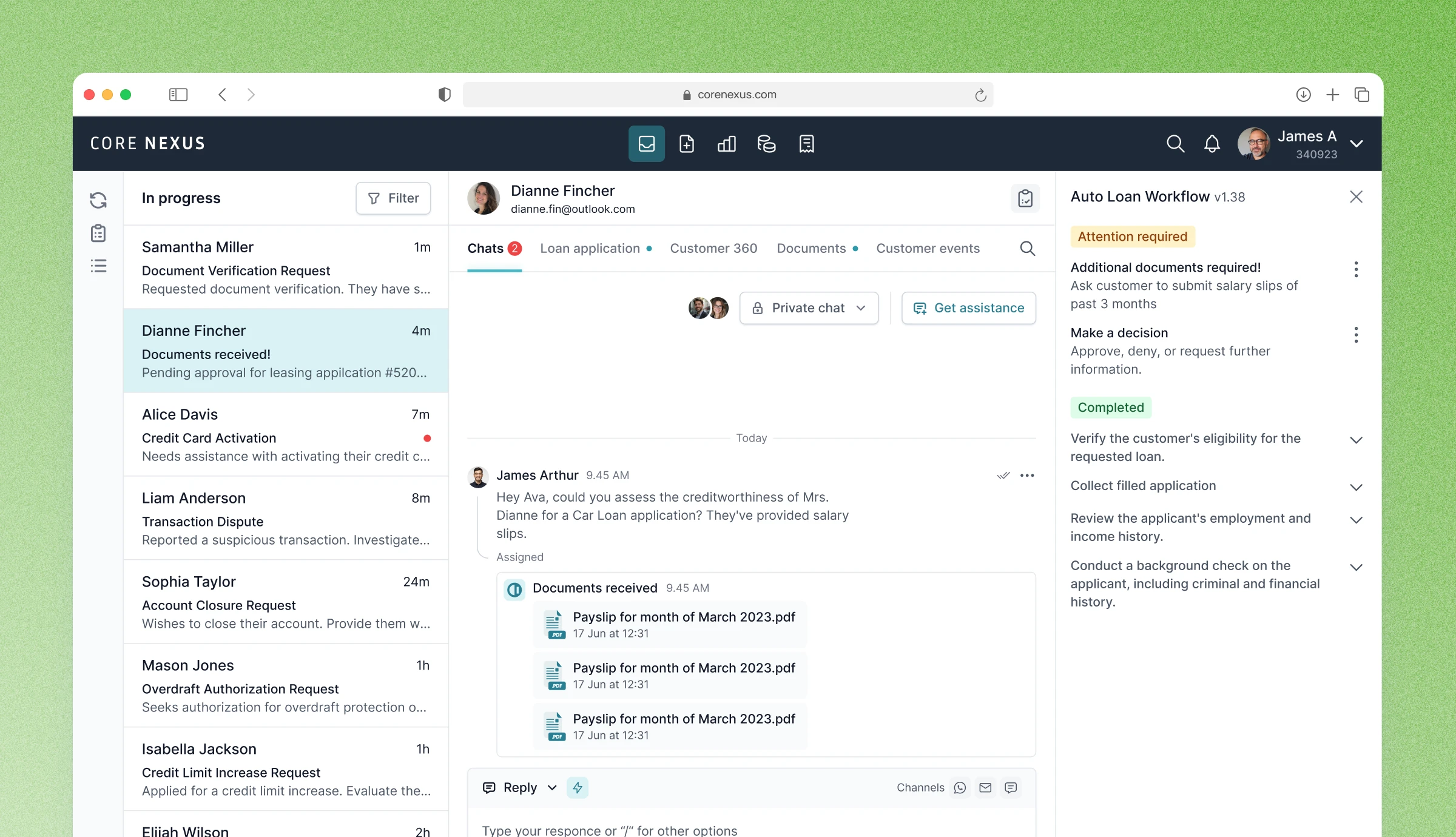 Core Nexus support dashboard, a loan application chat with a workflow checklist