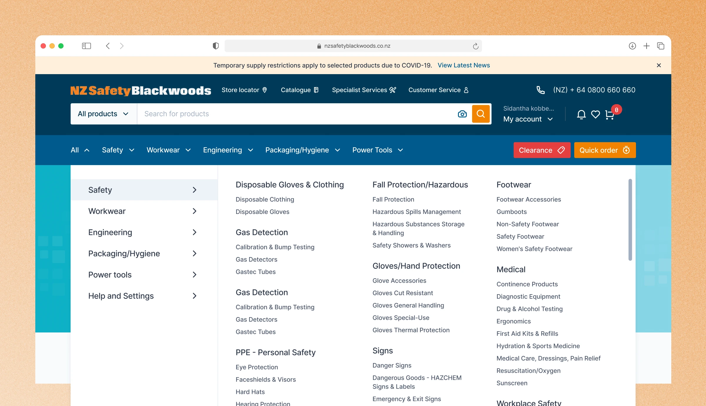 NZ Safety Blackwoods e-commerce site, a mega menu showing safety and workwear categories