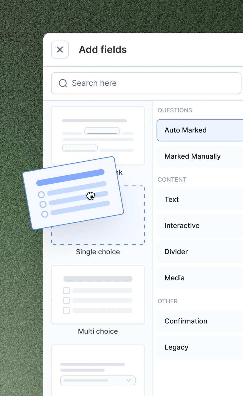 Ed assessment builder, an Add fields panel listing question and content types