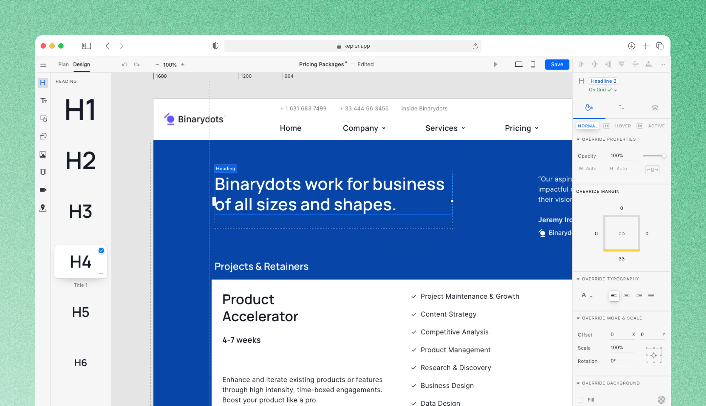 Kepler's visual builder, editing a heading style on a pricing page