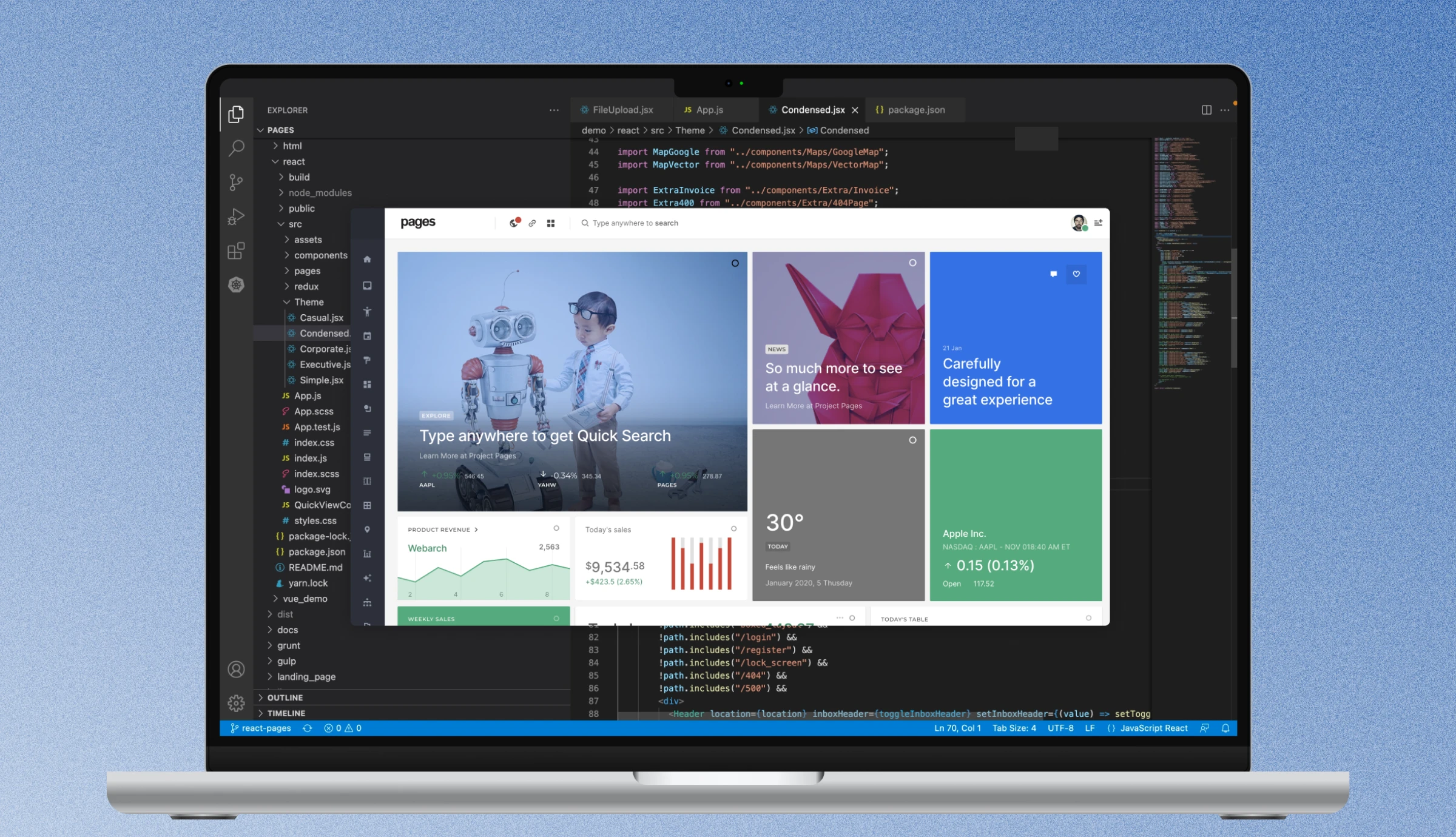 Pages dashboard UI shown in a laptop frame, widget cards for news, weather and stocks