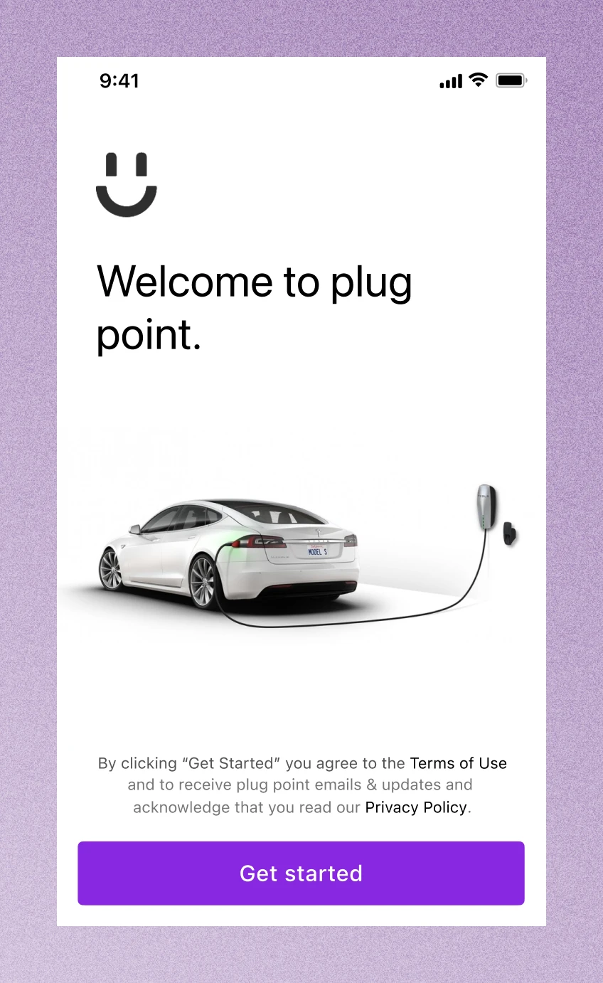 Plug Point EV charging app, a welcome screen with a car plugged into a charger